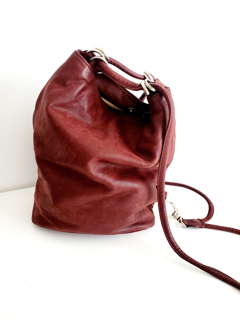 Leather Hobo Shoulder Bag in Deep Burgundy